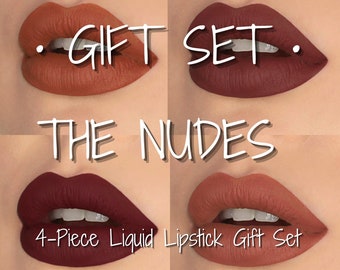 Set di rossetti liquidi vegani opachi nude - Profumo marrone, rosso, caramello