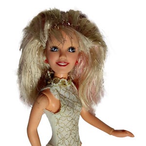 Vintage 1985 Jem And The Holograms Glitter &#39;n Gold Doll - Jerrica Doll - Retro 1980&#39;s Hasbro Fashion Doll - Glittery hair and Bodysuit!
