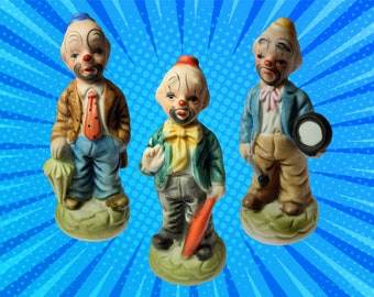 Vintage Clown - Bisque Ceramic Sad Circus Clowns Figurines - Retro Clown Collectibles - 1970s - Made in Taiwan