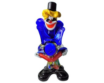 Vintage 1950s Italian Murano Glass Clown - Coloured Art Glass - Blown Glass Clown Figure with Black Top Hat and Accordion