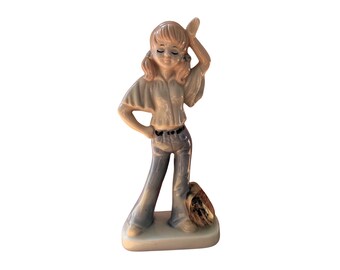Vintage 1970s Mod Teen Girl Ceramic Figurine - Hippie Hitchhiker / Traveller with Big Eyes, Bell-Bottom Jeans and Blonde Hair