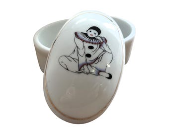 Vintage Pierrot Clown Porcelain Trinket Box with Gold Coloured Trim - Retro 1970s / 1980s