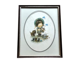 Vintage 1970s Giordano Print - Girl in a Green Hat with Kittens and Flowers - Framed