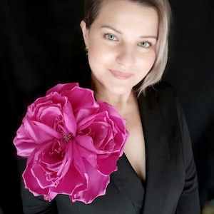 Large Fuchsia Polysilk Flower Brooch: Hot Pink Satin Pin (10 inch)