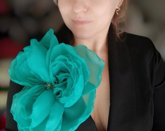 Large teal flower, teal flower, large teal flower, plus size brooch, large flower pin, turquoise fabric peony,