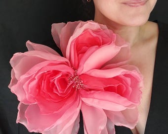 Giant Bi-Color Peach Organza Peony Brooch Large Statement Salmon Pink Flower Pin 10"
