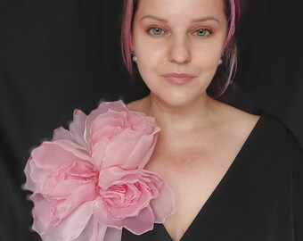 Ombre Pink Organza Peony Brooch 10 inch Large Gradient Flower Textile Pin