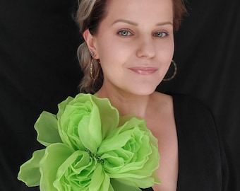 Large Lime Organza Peony Pin, 10 Inch Neon Green Fabric Flower Brooch, Oversized Statement Blazer Pin, Vogue Style Floral Accessory