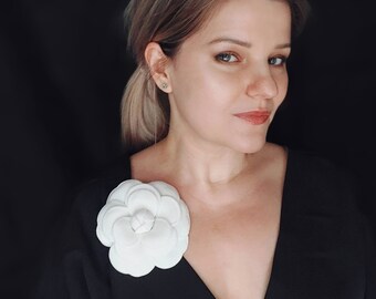 White Velvet Camellia Brooch 5 inch Elegant Fabric Flower Pin Statement Lapel Accessory