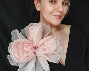Large Chiffon Flower Brooch: Soft Pink Peony Pin (10 inch)