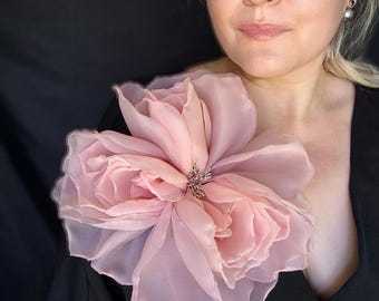Oversized Peach Pink Organza Flower Brooch in 10 or 8 inch Large Pastel Ombre Peony Shoulder Pin Choose Size