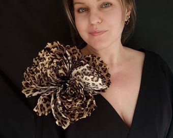 Giant Leopard Print Rose Brooch Extra Large Animal Pattern Fabric Flower Safari Style Corsage