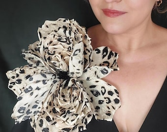 Oversized Leopard Print Satin Rose Brooch 10 inch Large Fabric Statement Flower Pin Cheetah Print Peony Dress Accessory