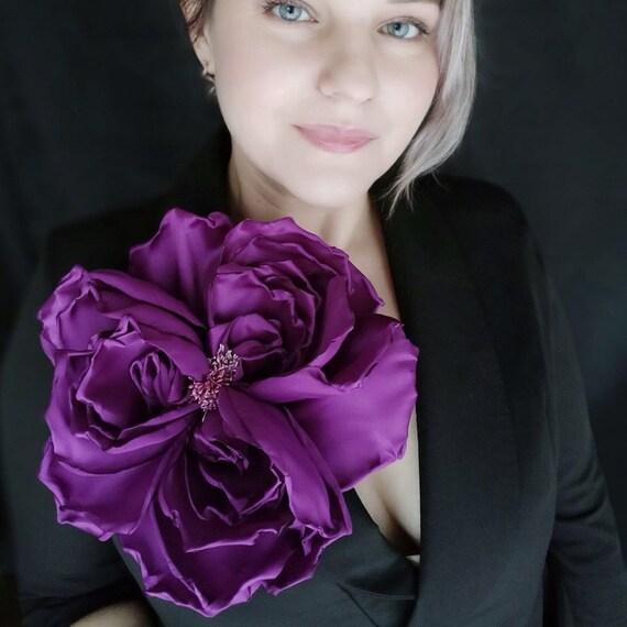 Large Purple Fabric Flower Brooch Large Flower Pin Purple Fabric