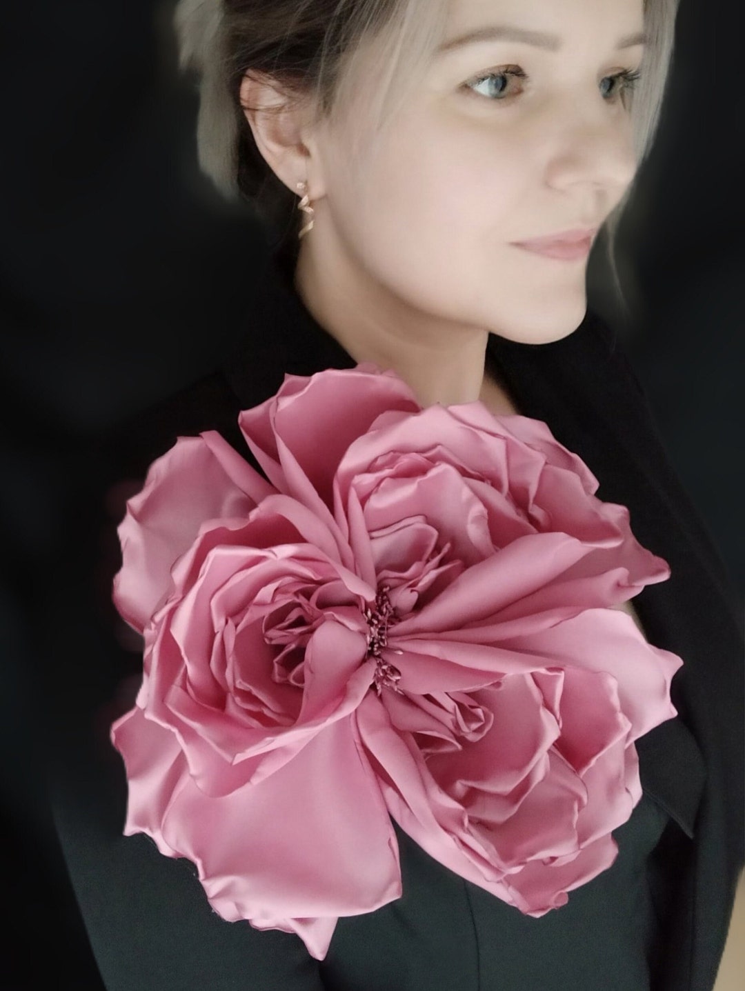 Large Fabric Flower Brooch Large Satin Flower Large Pink Etsy