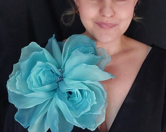 Giant 10 inch Ombre Blue Organza Peony Brooch Aqua Gradient Statement Flower Rose Pin
