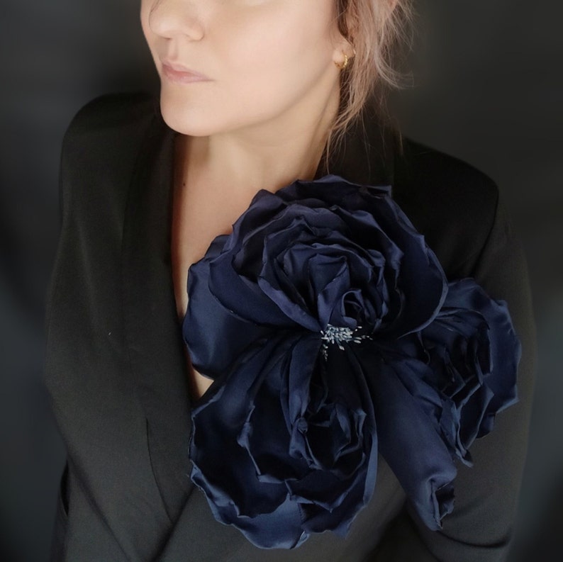 Large dark blue flower, fashion brooch, large flower pin, huge dark blue flower pin, purple look. blue fashion, large brooch, fabric image 2