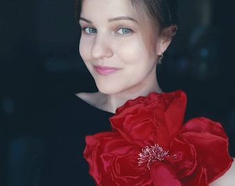 Giant Red Satin Rose Brooch, Oversized Floral Pin, Pin Up Accessory
