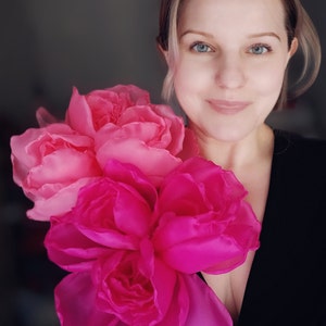 Large fuchsia flower, large chiffon flower, large hot pink rose, large salmon peony, coral pink.