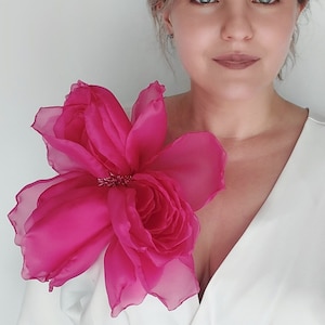 Large Fuchsia Chiffon Flower Brooch: Handmade Peony Pin