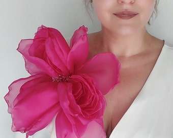 Large fuchsia flower, large chiffon flower, large hot pink rose, large peony brooch, Chiffon rose, chiffon flower, fine fabric flower