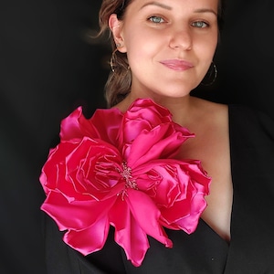 Large Fuchsia Satin Rose Brooch, Handmade Flower Accessory, Large rose bright pink, large peony brooch made of satin