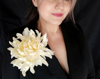 Large Satin Chrysanthemum Brooch 7 inch Ivory Fabric Flower Pin Statement Wedding Accessory