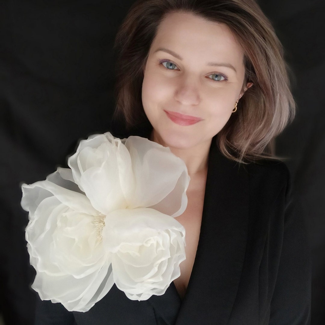 Large Corsage Brooch, Large Ivory Brooch, Large Organza Flower, Ivory