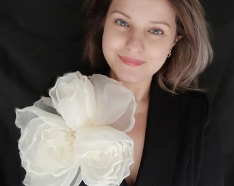 Large corsage brooch, large ivory brooch, large organza flower, ivory peony.