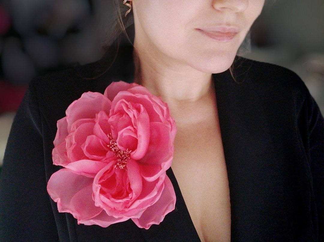 Fabric Flower Brooch, Rose Pin, Chiffon Flower, Color Rose, Hot Pink