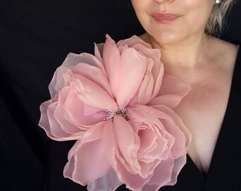Peach Organza Flower Brooch 10 inch Large Pastel Apricot Peony Statement Shoulder Pin Nude Fabric Bloom