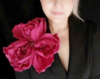 Giant 10 inch Magenta Peony Brooch Oversized Satin Rose Pin Statement Flower for Wedding Guest