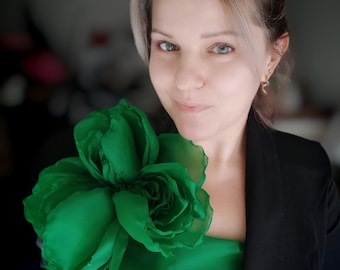 Oversized Green Organza Flower Brooch 10 inch Large Emerald Sage Peony Statement Shoulder Pin Green Dress Accessory