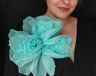 Large blue brooch, large blue rose, fabric flower, organza flower pin, blue flower, corsage flower