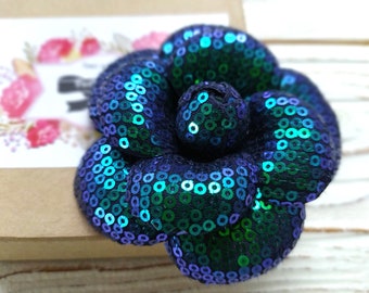 Camellia color peacock, gums with sequins, flower with sequins, rainbow flower, camellia from fabric, pin camellia