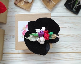 Flowers made of silk velvet, pin silk flower, silk brooch, black brooch, silk orchid, textile decoration elegant brooch. breastpin