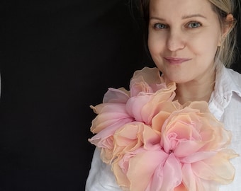 Ombre Peony Rose Set, 10" Matte Organza Flower Pins, Hand-painted Effect Floral Brooches, Custom Gradient Wedding Accessory
