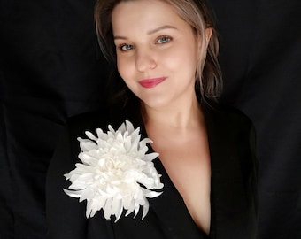 White Satin Chrysanthemum, Ivory Fabric Flower, Butter Yellow Brooch, 6.5 inch Floral Accessory