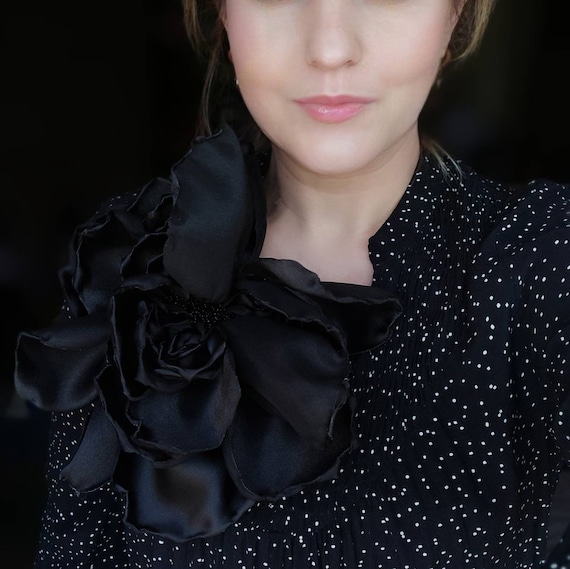 Black Satin Rose Brooch, 10 inch Large Fabric Flower Pin, Oversized Black Statement Flower for Dress, Noir Couture Rose, Gothic Wedding Pin