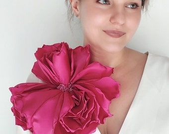 Giant Fuchsia Taffeta Peony Pin 10 inch Bright Magenta Dress Accessory Shoulder Corsagen