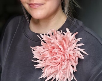 Handcrafted Peach Chrysanthemum Brooch, Large Textile Art Flower Pin, Bridal Accessory