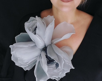Oversized Organza Flower Brooch, Large Grey Statement Flower Pin for Blazer, Vogue Style 10 Inch Fabric Floral Accessory