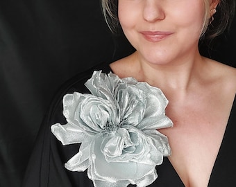 Silver Brocade Rose Brooch, Handmade Metallic Flower Pin (6 inch)