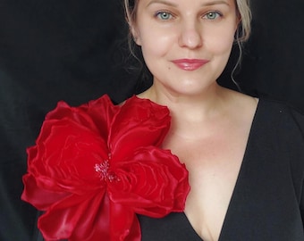 Vibrant Red Large Peony Brooch Haute Couture 10" Fabric Flower Accessory