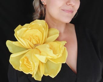 Sunshine Yellow Taffeta Rose Brooch 10 inch Oversized Peony Pin for Gala