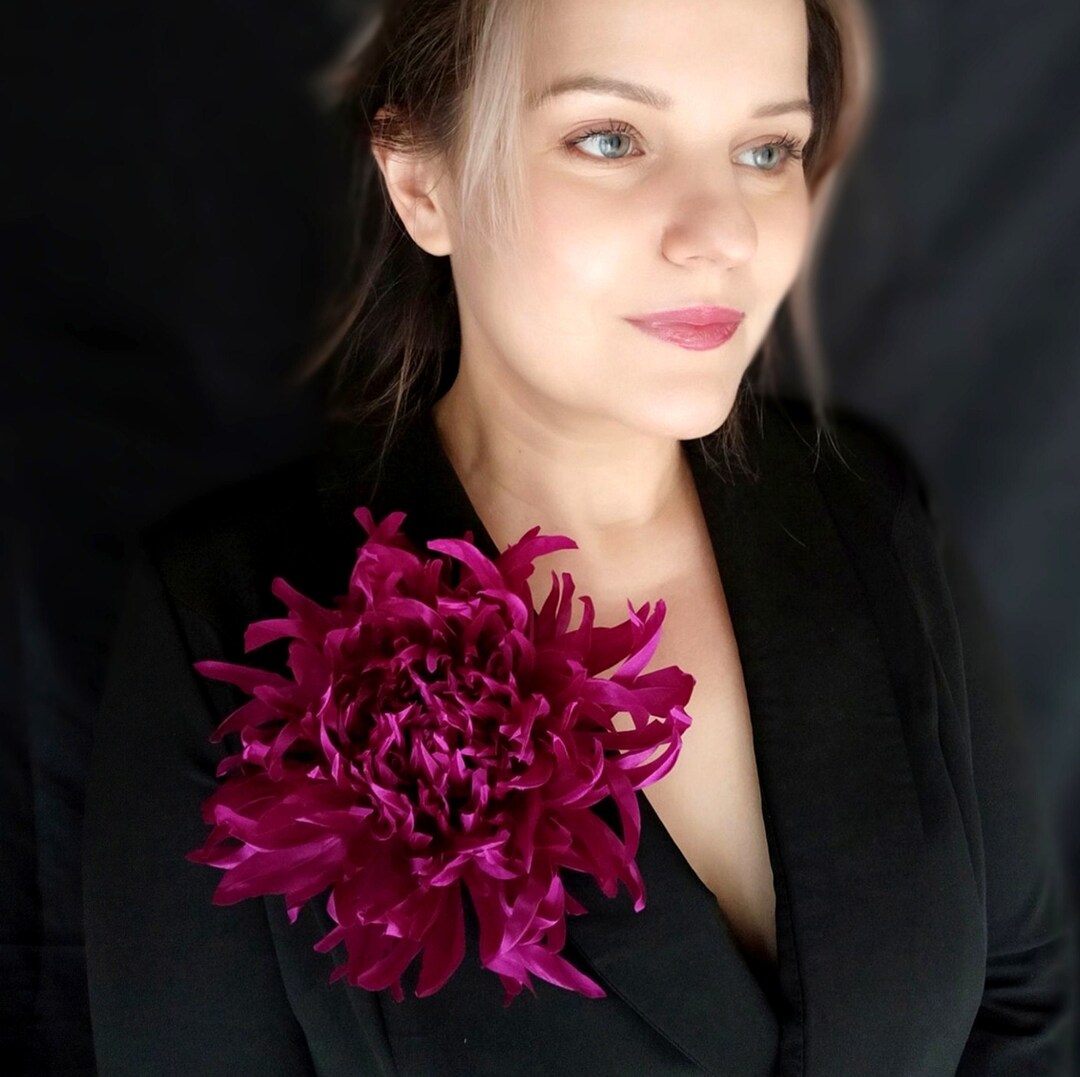 Large Purple Chrysanthemum, Corsage Flower Brooch, Polysilk Flower