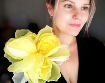 Giant Yellow Peony Brooch 10 inch Organza Rose Statement Flower Ivory Accent Wedding Pin