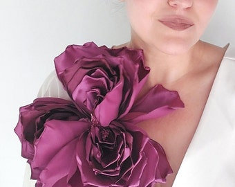 Giant Purple Satin Fabric Flower Brooch Extra Large Statement Gala Wedding Corsage 10 Inch