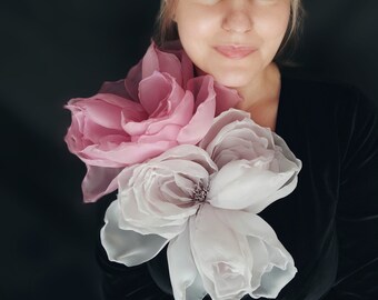Set of 2 Large Pink Organza Flower Brooches, 10 inch Giant Rose Pins, Single or Pair Option, Statement Shoulder Flowers for Wedding Guest