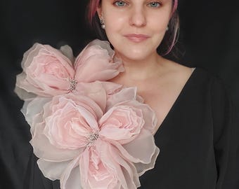 Set of 2 Pale Pink Nude Beige Organza Peonies 10 inch Large Flower Brooch